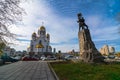 Wide angle view of soviet monument and Church of All Saints in Yekaterinburg