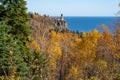 Wide angle view of Split Rock Lighthouse in Minnesota on Lake Superior in the fall season Royalty Free Stock Photo