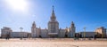 Wide angle view of spring sunny campus of Moscow University under blue sky Royalty Free Stock Photo