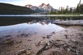 Wide angle view of Stanley Lake and the Sawtooth Mountains at sunrise. Logs and beach in foreground Royalty Free Stock Photo