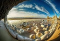 Wide angle view of stones on the beach