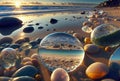 Wide angle view of stones on the beach