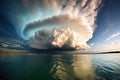 wide-angle view of a supercell storm over a lake or ocean