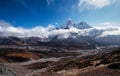 Wide angle view to Ama Dablam 6814m peak covered with clouds and Chukhung village 4730m liying on Imja Khola river bank Sagarmatha