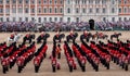 Wide angle view of the Trooping the Colour military parade at Horse Guards Parade, London UK, with Household Division soldiers.