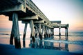 Wide angle view of the Tybee Island Pier in Georgia. Colorful sunset with pinks and purple colors in the sky Royalty Free Stock Photo