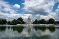 Wide angle view of the United States Capitol Building in Washington DC on a partly cloudy summer day, on the reflecting pool Royalty Free Stock Photo