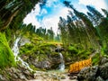 Wide angle view of the Vallesinella waterfall in the forest