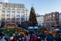 Wide view of the food huts and giant Christmas tree at the German Christmas market in Birmingham