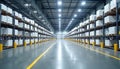 Wide angle view warehouse filled with rows of white boxes on shelving. Bright LED lights, empty storage facility, industrial Royalty Free Stock Photo
