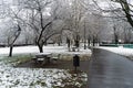 Wide angle of winter scene of a park covered with white snow with benches completely covered during overcast day time