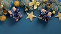 Wide arch shaped Christmas border on blue background, composed of Xmas tree fir branches and ornaments in golden and blue. Flat Royalty Free Stock Photo