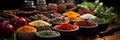 Wide banner image with different spices on a wooden table