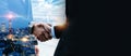 Wide banner. multi exposure image of investor business man handshake with partner for successful meeting Royalty Free Stock Photo