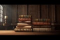 wide banner of old vintage library stack of antique books on old wooden table in fantasy medieval period with copyspace,Generative Royalty Free Stock Photo