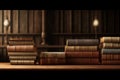 wide banner of old vintage library stack of antique books on old wooden table in fantasy medieval period with copyspace,Generative