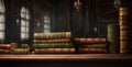 wide banner of old vintage library stack of antique books on old wooden table in fantasy medieval period with copyspace, Royalty Free Stock Photo