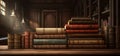 wide banner of old vintage library stack of antique books on old wooden table in fantasy medieval period with copyspace,