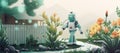 wide banner of robot gardener or housework assistant watering plants at home backyard, Generative AI Royalty Free Stock Photo