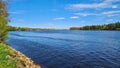 riverscapeThe wide bed of full-flowing river against the blue sky on sunny spring day Royalty Free Stock Photo