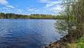 riverscapeThe wide bed of full-flowing river against the blue sky on sunny spring day Royalty Free Stock Photo