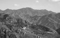 Black and white view of the Great Wall of China and surrounding mountains Royalty Free Stock Photo