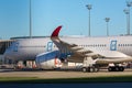 Wide-body passenger plane. Fuselage, wing and engine of aircraft.