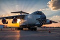 Wide body transport cargo aircraft at airport apron in the morning sun Royalty Free Stock Photo