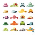 Wide brimmed hats and caps set. Stylish baseball with long visor bright red headdress blue ribbon green elegance Royalty Free Stock Photo