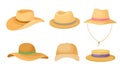 Wide Brimmed Textile Hats and Cap for Male and Female Vector Set