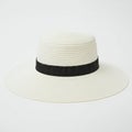 A wide-brimmed, white straw hat with a smooth texture and concentric woven pattern on Royalty Free Stock Photo