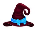 Wide Brimmed Witch Hat with Conical Crown and Blue Ribbon with Bow Vector Illustration