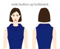 Wide button-up turtleneck neckline clothes knits, sweaters character beautiful lady in blue top, shirt, dress technical