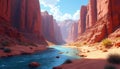 Wide canyon with bright blue river flowing through red rock formations. Steep canyon walls create dramatic passageway under clear Royalty Free Stock Photo
