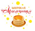 Wide carnival Shrovetide text translation from Russian. Thick pancakes with honey on plate. Stack of pancakes Royalty Free Stock Photo