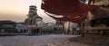 Wide cinematic 3D illustration of a fantasy science fiction outpost settlement on a remote desert alien planet