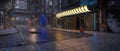 Wide cinematic view of a dark downtown street in a dystopian future cyberpunk city on a wet night. 3D illustration