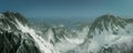 Wide cinematic view of glacier valley in an alpine mountain range. 3D rendering.