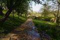 Wide cobbled path leads down to a wooden bridge over Burbage Brook