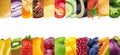 Wide collage of different fruits and vegetables isolated on white background with copy space Royalty Free Stock Photo
