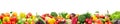 Wide collage of fresh fruits and vegetables for layout isolated