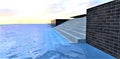 A wide concrete staircase down into the blue water of the lake. The mooring wall is finished with black brick tiles. 3d rendering