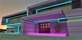 Wide concrete steps illuminated in purpl. LED glowing window frames at night. 3d rendering