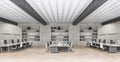 Wide concrete and wooden coworking office interior with multiple workplaces and bookcase shelves with books and folders. Royalty Free Stock Photo