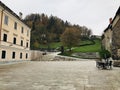 The wide courtyard in front of the Loka Castle uphill walkway in Slovenia. Royalty Free Stock Photo