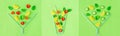 Wide creative banner. Three Strawberry and cucumber lemonade glasses made with straws with falling ingredients on green background