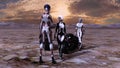 Illustration of two human and alien women near motorcycles being greeted by a tall extraterrestrial on a dry world