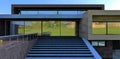 Wide designer staircase. The material is concrete. Advanced futuristic house. Sliding mirror doors. Wood trim. The terrace is