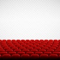 Wide empty theater auditorium with red seats. Rows of red cinema or theater seats in front of transparent background. Vector