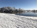 Snow covering the ground by a pond, with two ducks swimming Royalty Free Stock Photo